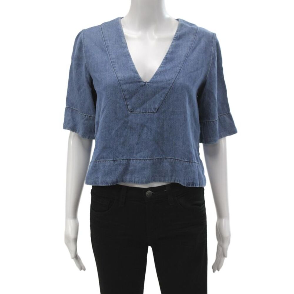ALC Women Cropped Blouse Blue V-Neck Short Sleeve Lyocell Size 4